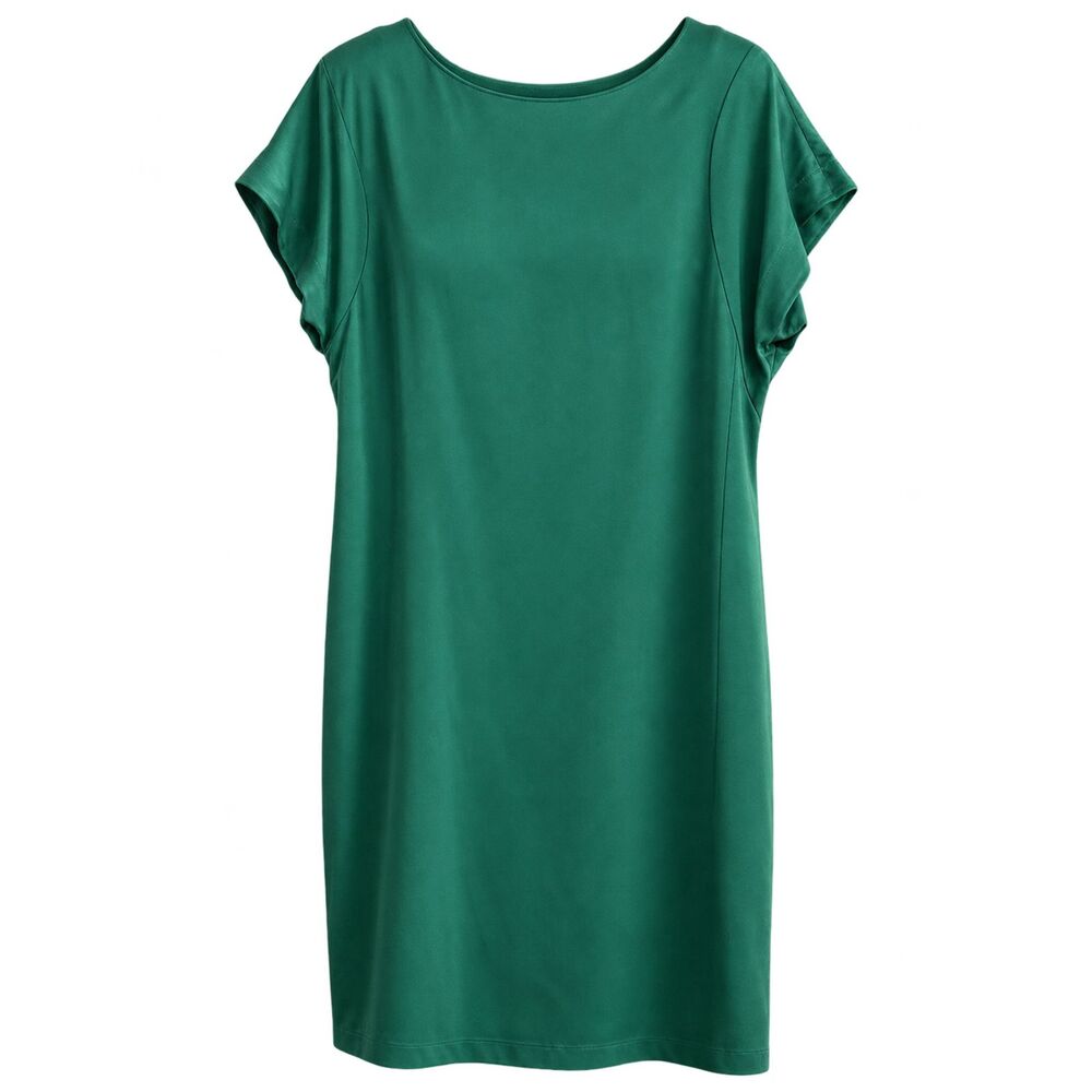 Theory Women's Size 10 Jade Green Satin Sheath Dress Cap Sleeve Minimalist Shift - Picture 2 of 10